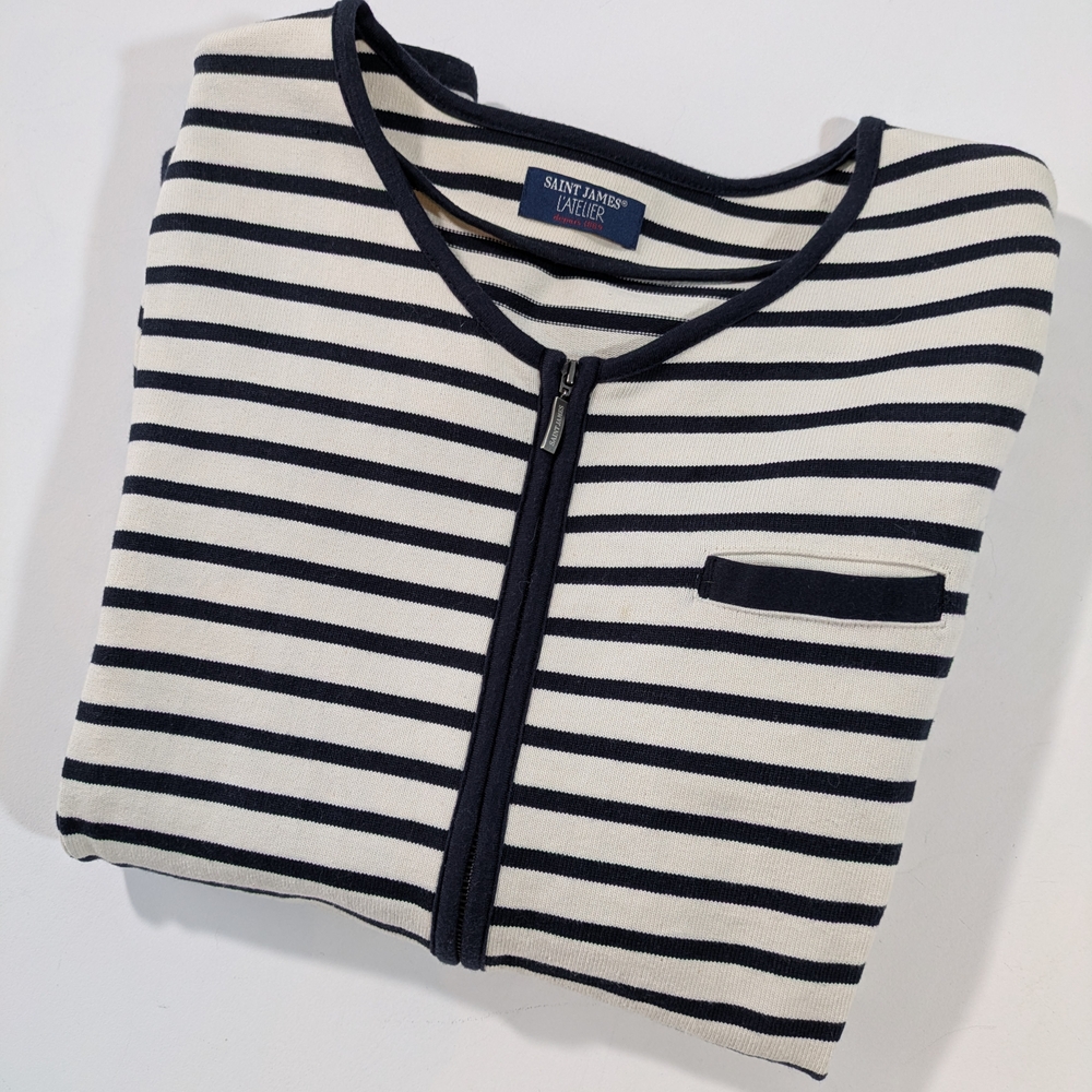 Saint James Atelier Navy Off White Striped Cardigan Zip Up Cotton Zip Up Size 12 - Picture 9 of 15